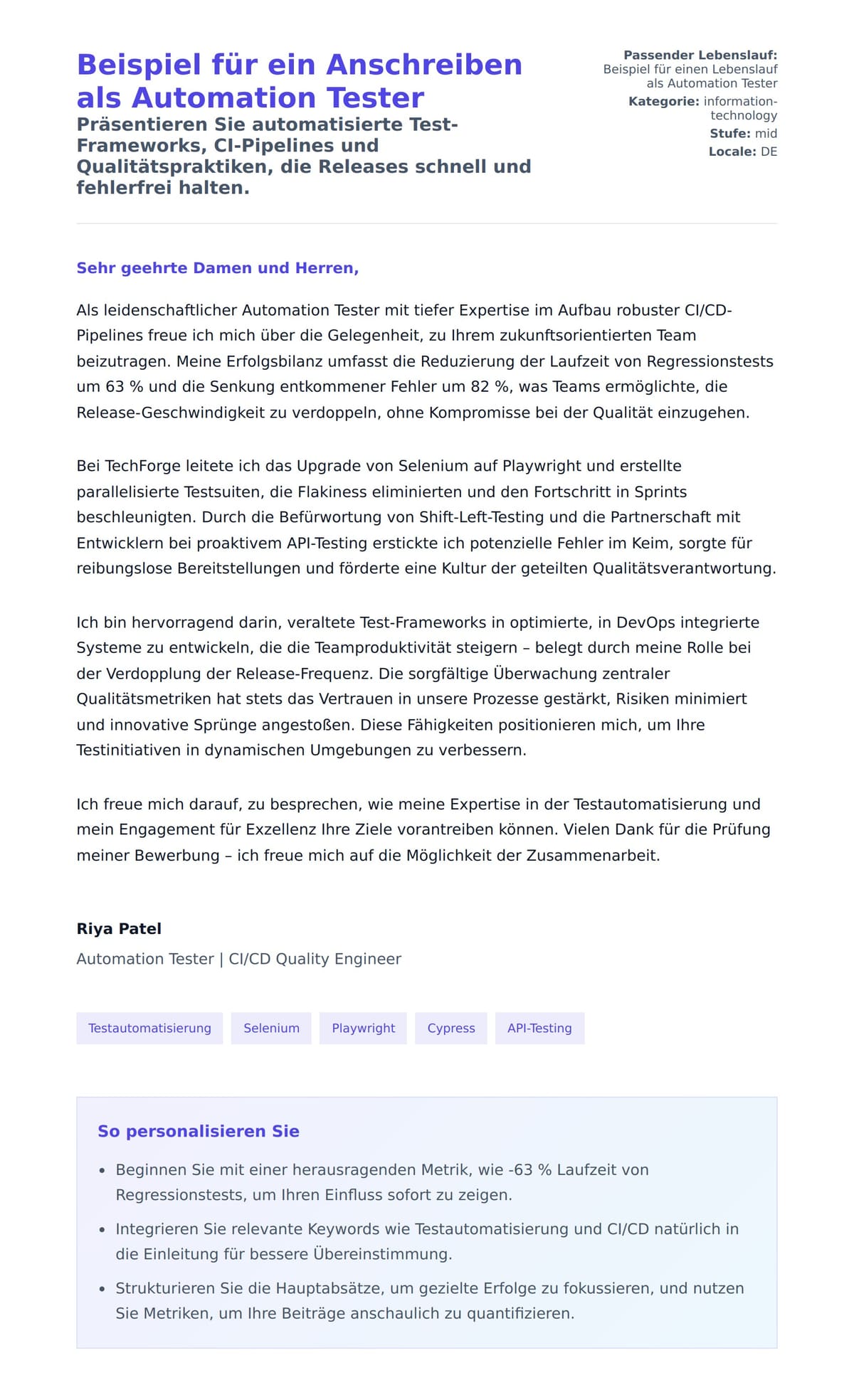 Anschreiben‑Vorschau für Beispiel für ein Anschreiben als Automation Tester