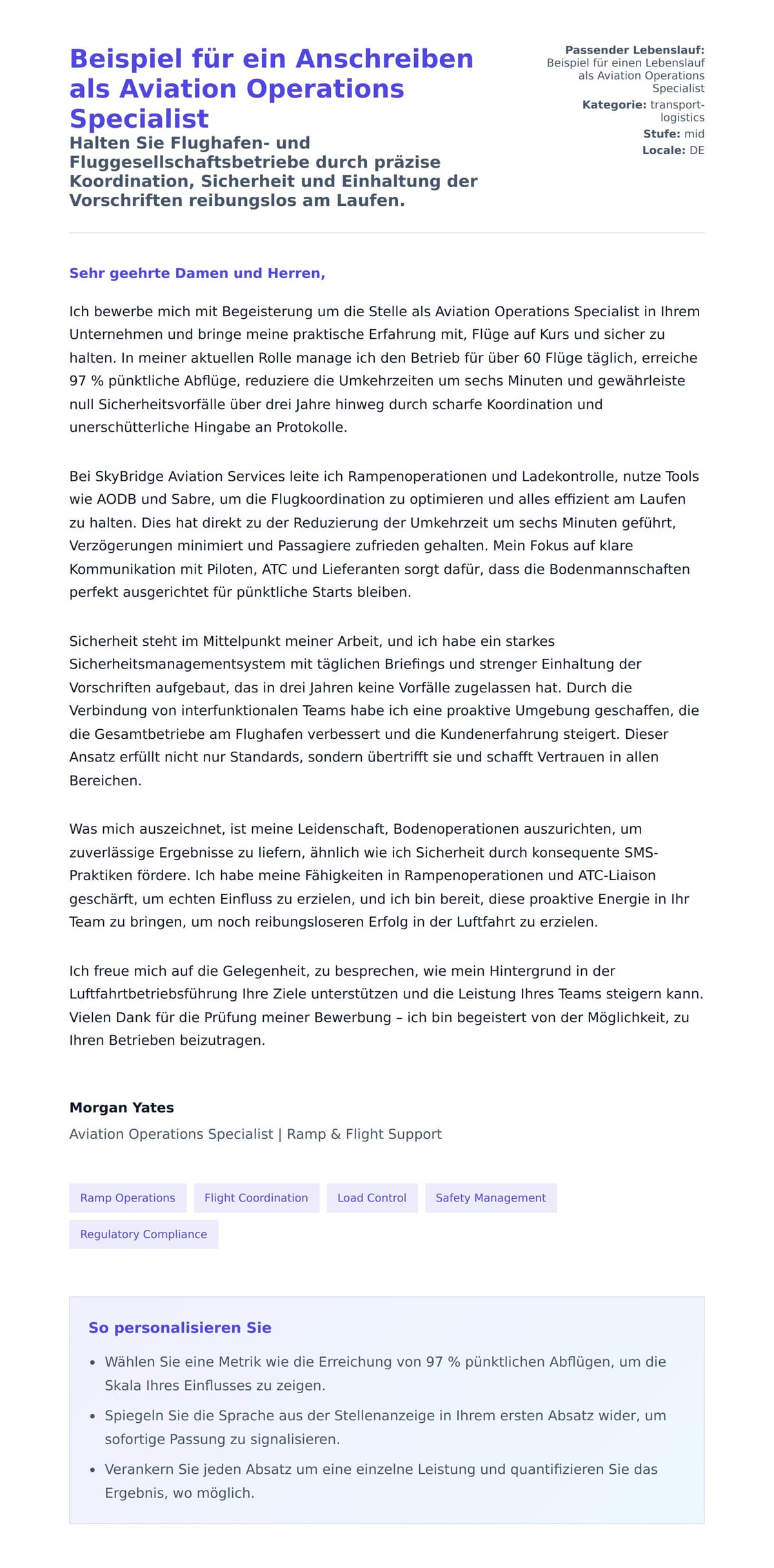 Anschreiben‑Vorschau für Beispiel für ein Anschreiben als Aviation Operations Specialist