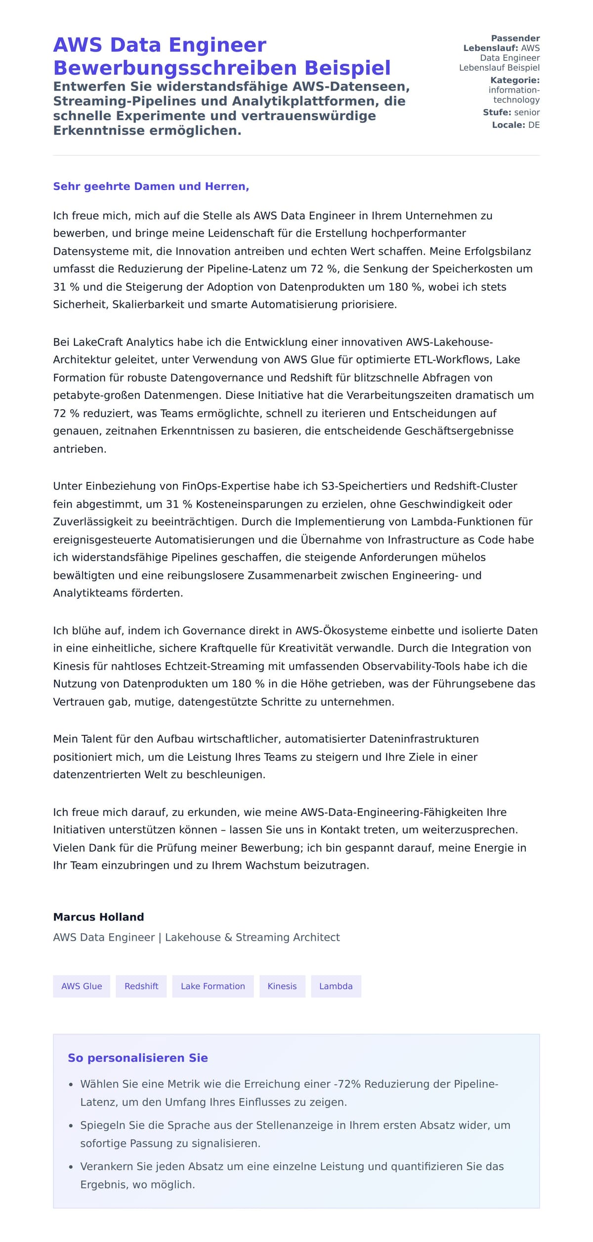 Anschreiben‑Vorschau für AWS Data Engineer Bewerbungsschreiben Beispiel