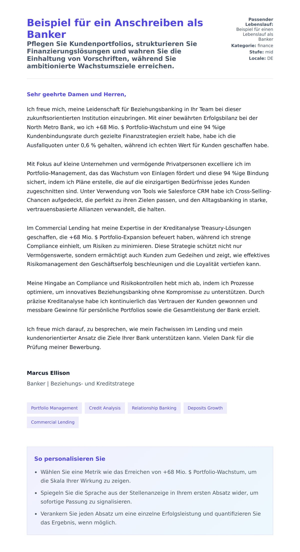 Anschreiben‑Vorschau für Beispiel für ein Anschreiben als Banker