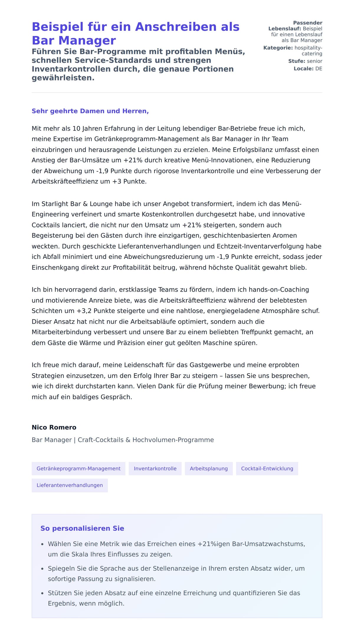 Anschreiben‑Vorschau für Beispiel für ein Anschreiben als Bar Manager