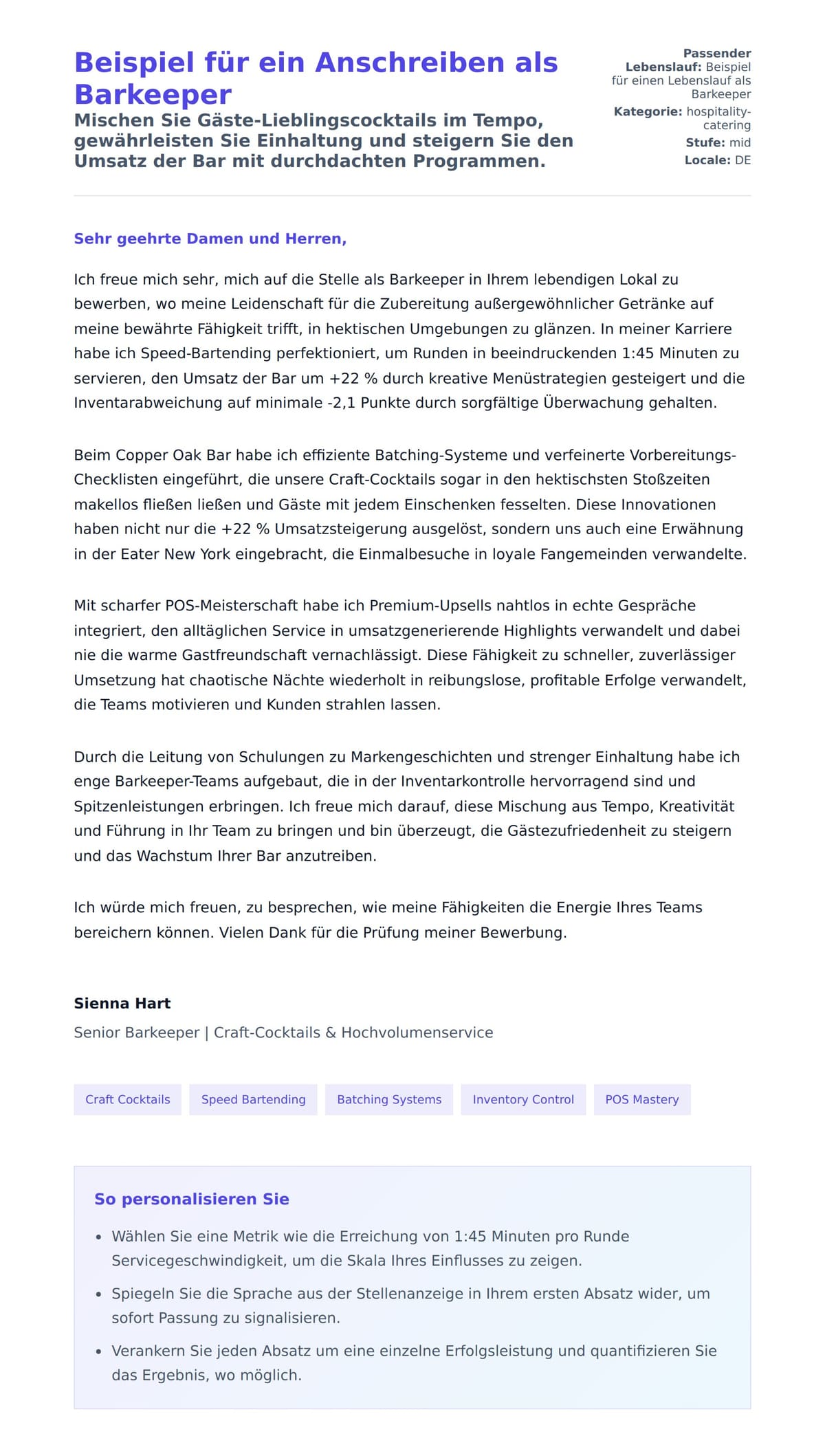 Anschreiben‑Vorschau für Beispiel für ein Anschreiben als Barkeeper