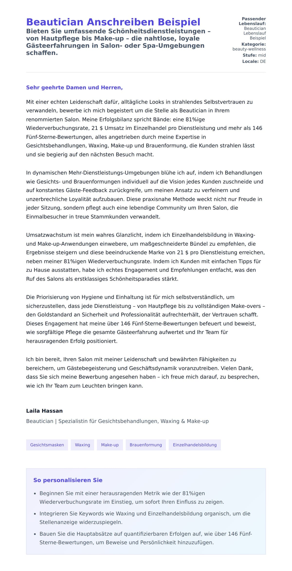 Anschreiben‑Vorschau für Beautician Anschreiben Beispiel