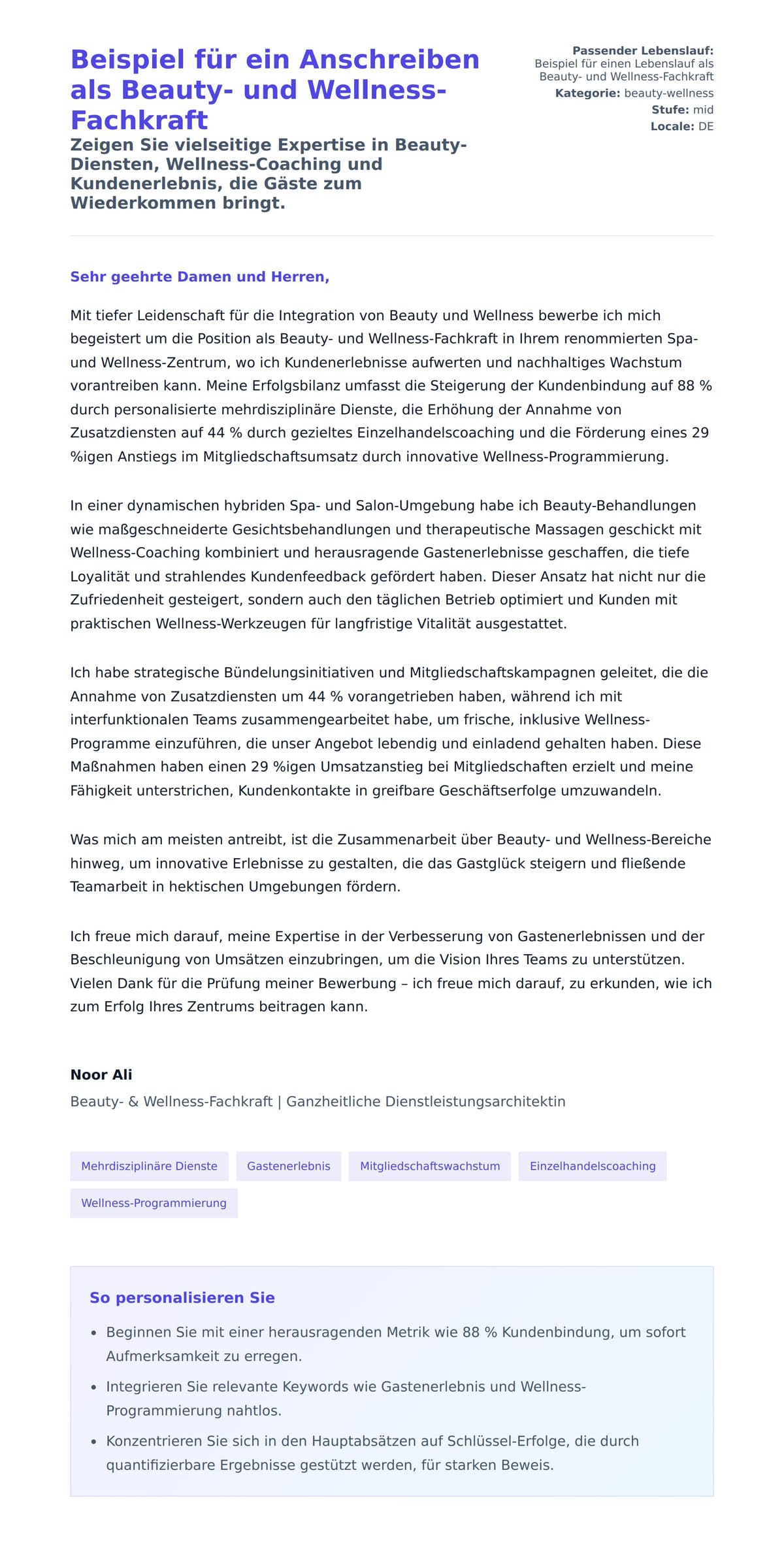 Beispiel für ein Anschreiben als Beauty- und Wellness-Fachkraft