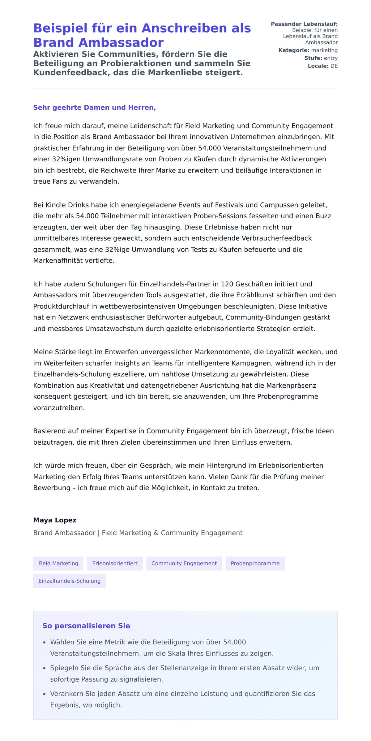 Anschreiben‑Vorschau für Beispiel für ein Anschreiben als Brand Ambassador