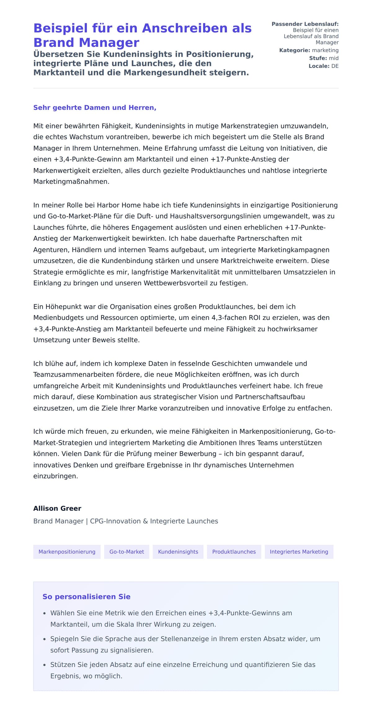 Anschreiben‑Vorschau für Beispiel für ein Anschreiben als Brand Manager