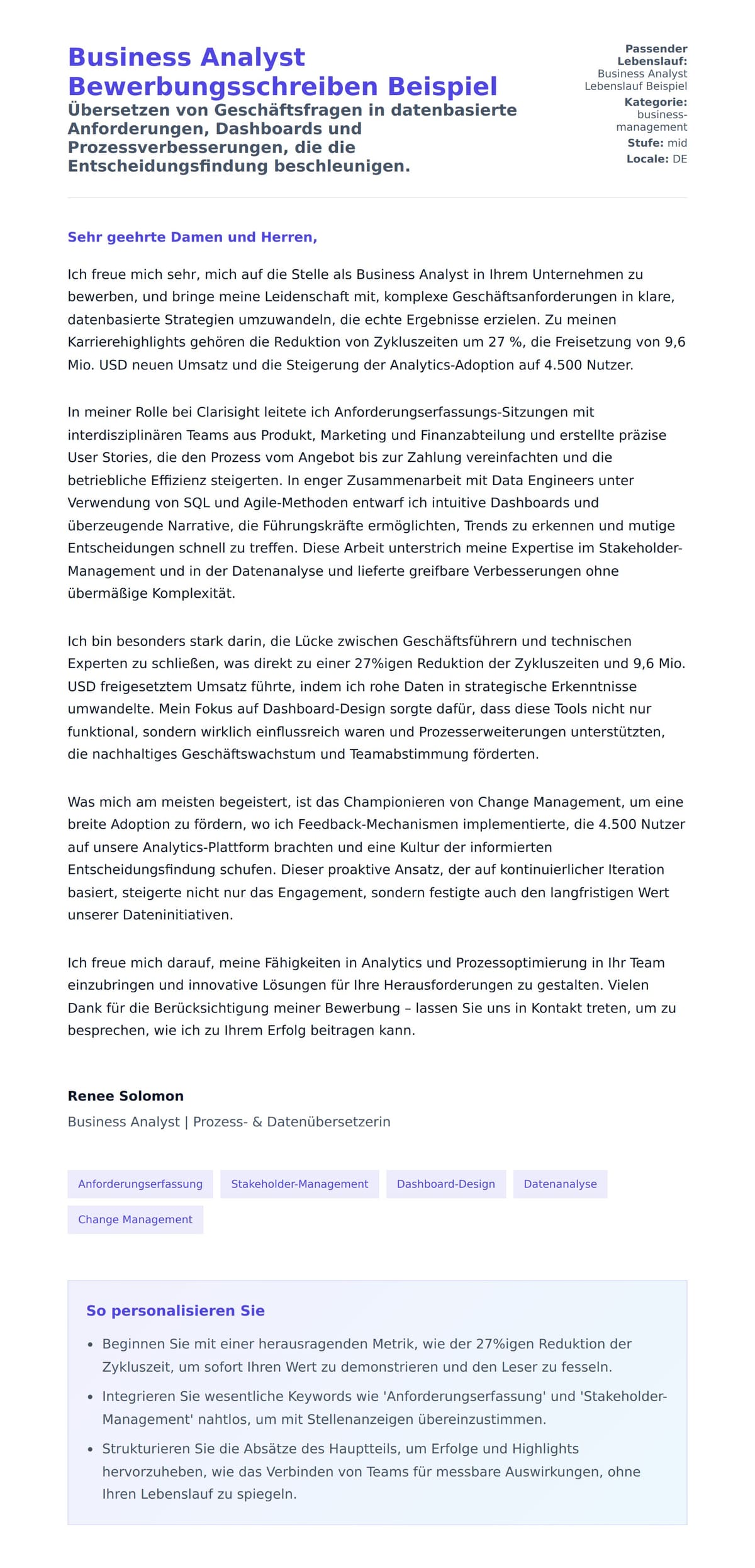 Anschreiben‑Vorschau für Business Analyst Bewerbungsschreiben Beispiel