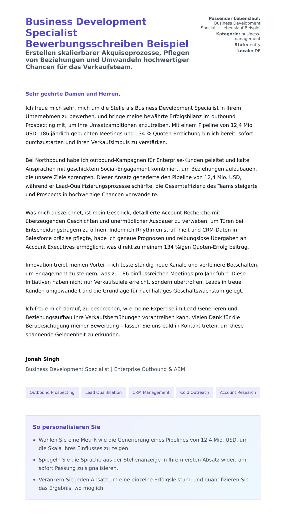 Anschreiben‑Vorschau für Business Development Specialist Bewerbungsschreiben Beispiel