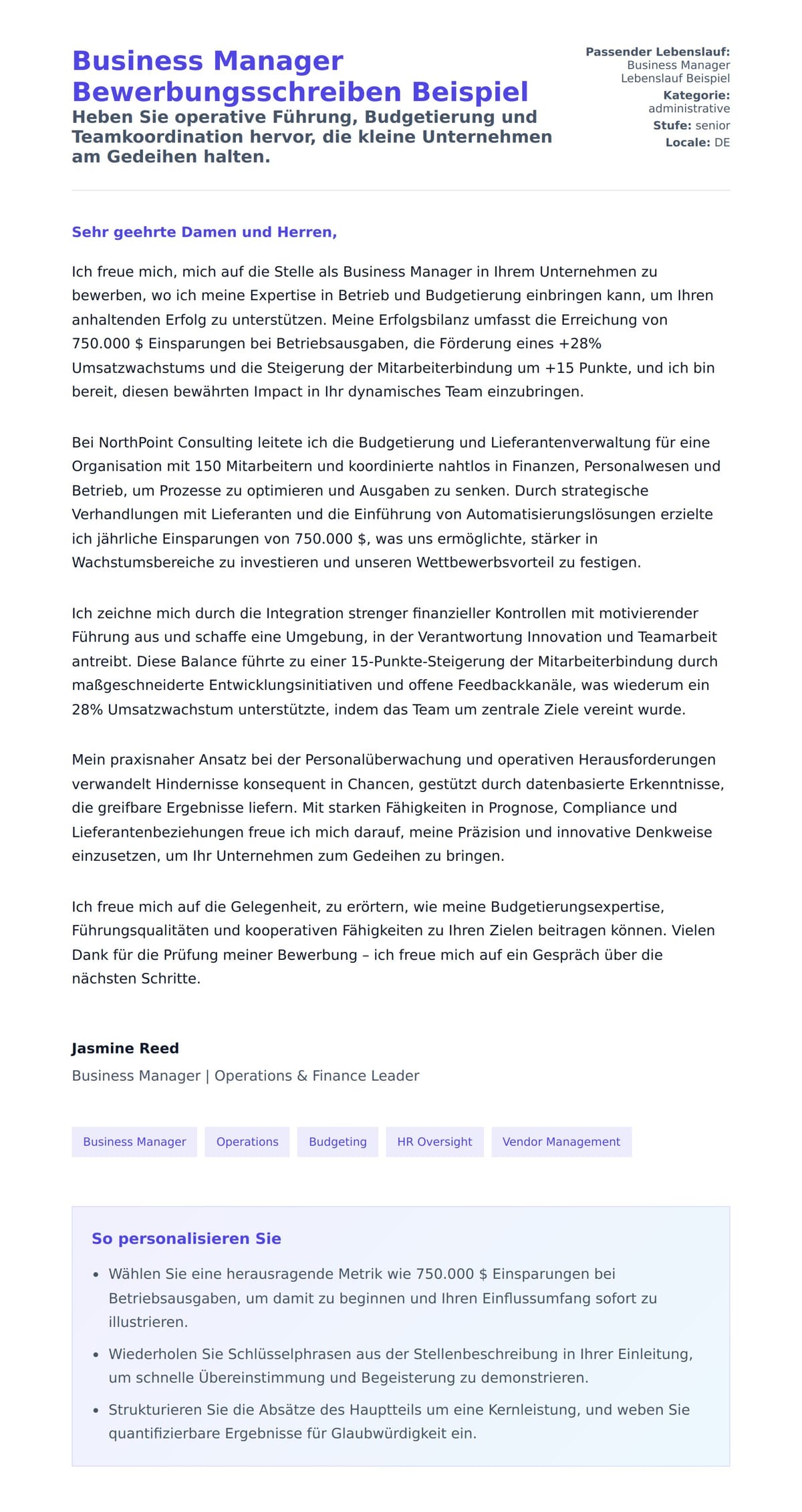 Anschreiben‑Vorschau für Business Manager Bewerbungsschreiben Beispiel