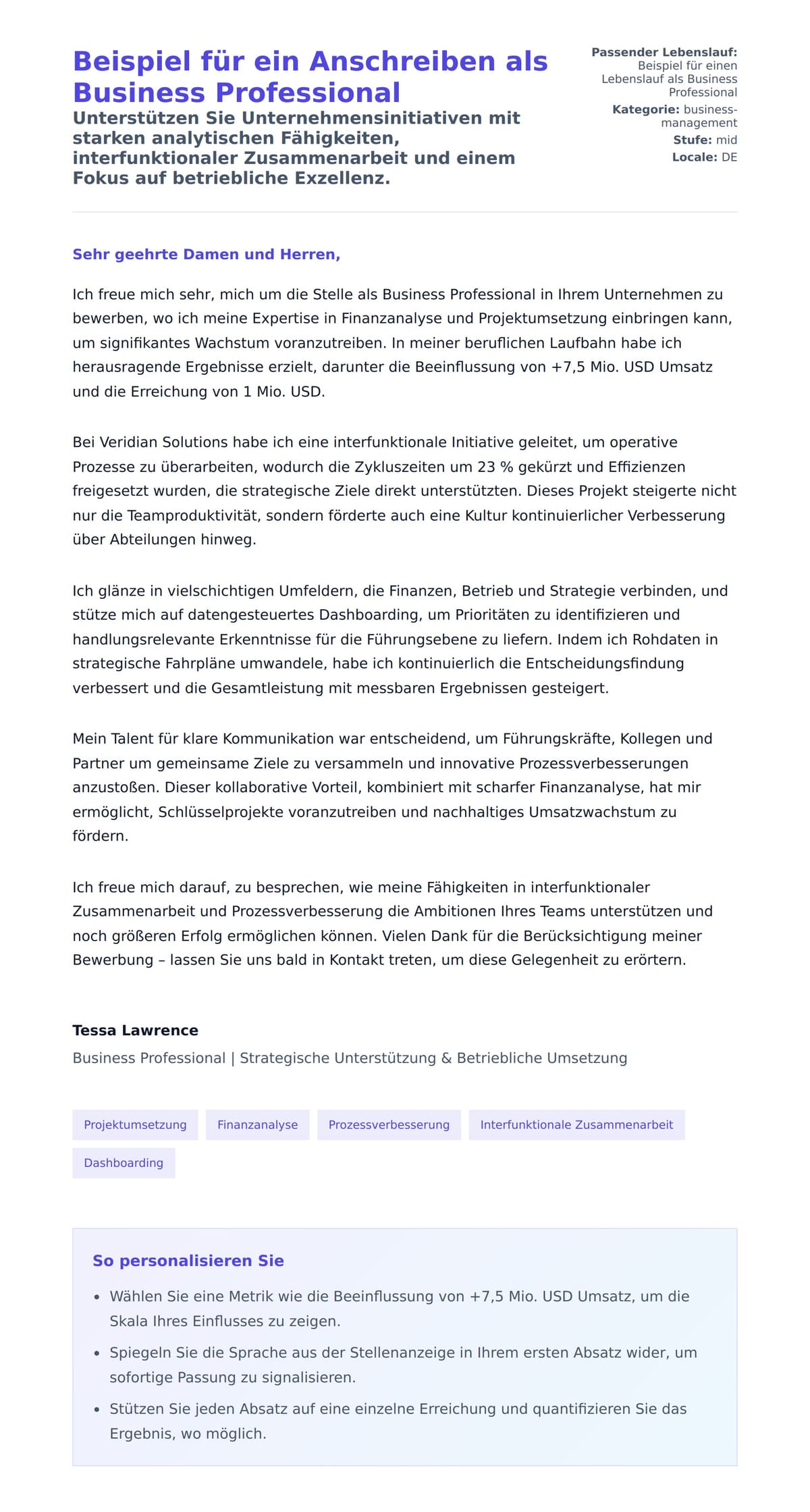Anschreiben‑Vorschau für Beispiel für ein Anschreiben als Business Professional