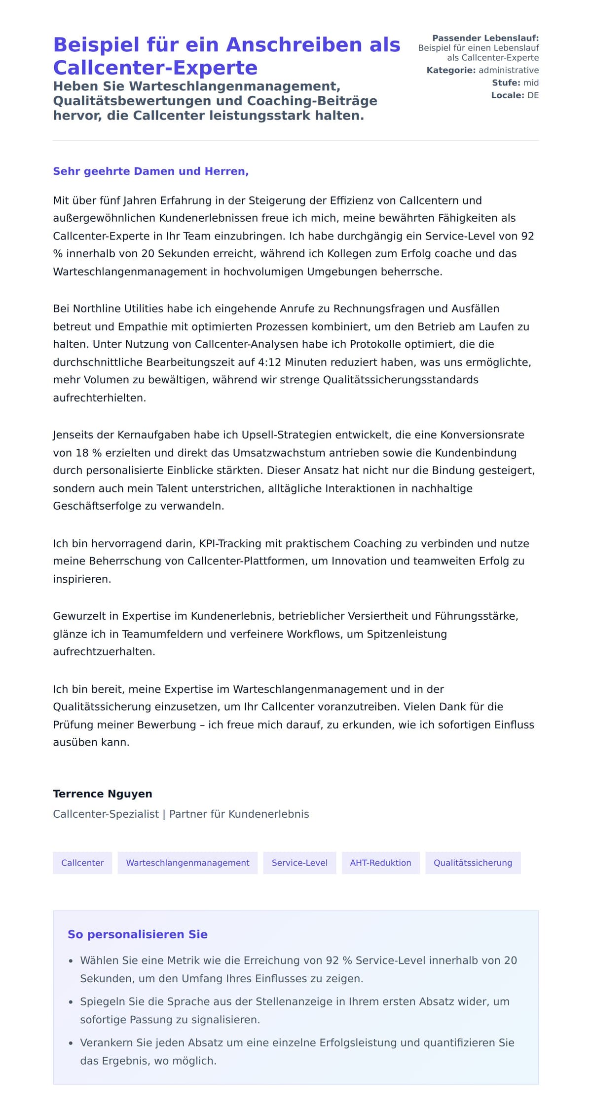 Beispiel für ein Anschreiben als Callcenter-Experte