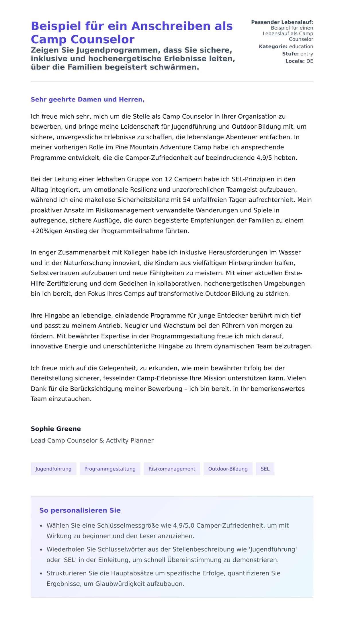 Anschreiben‑Vorschau für Beispiel für ein Anschreiben als Camp Counselor