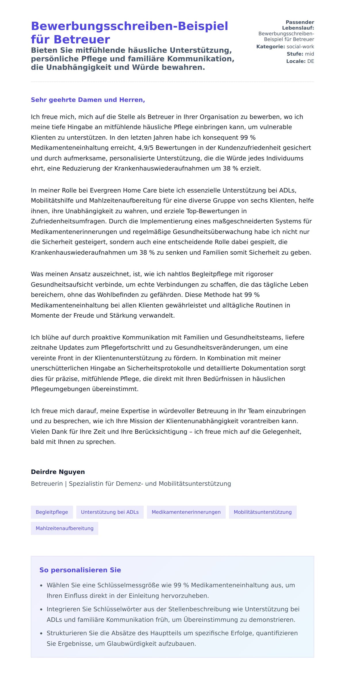 Anschreiben‑Vorschau für Bewerbungsschreiben-Beispiel für Betreuer
