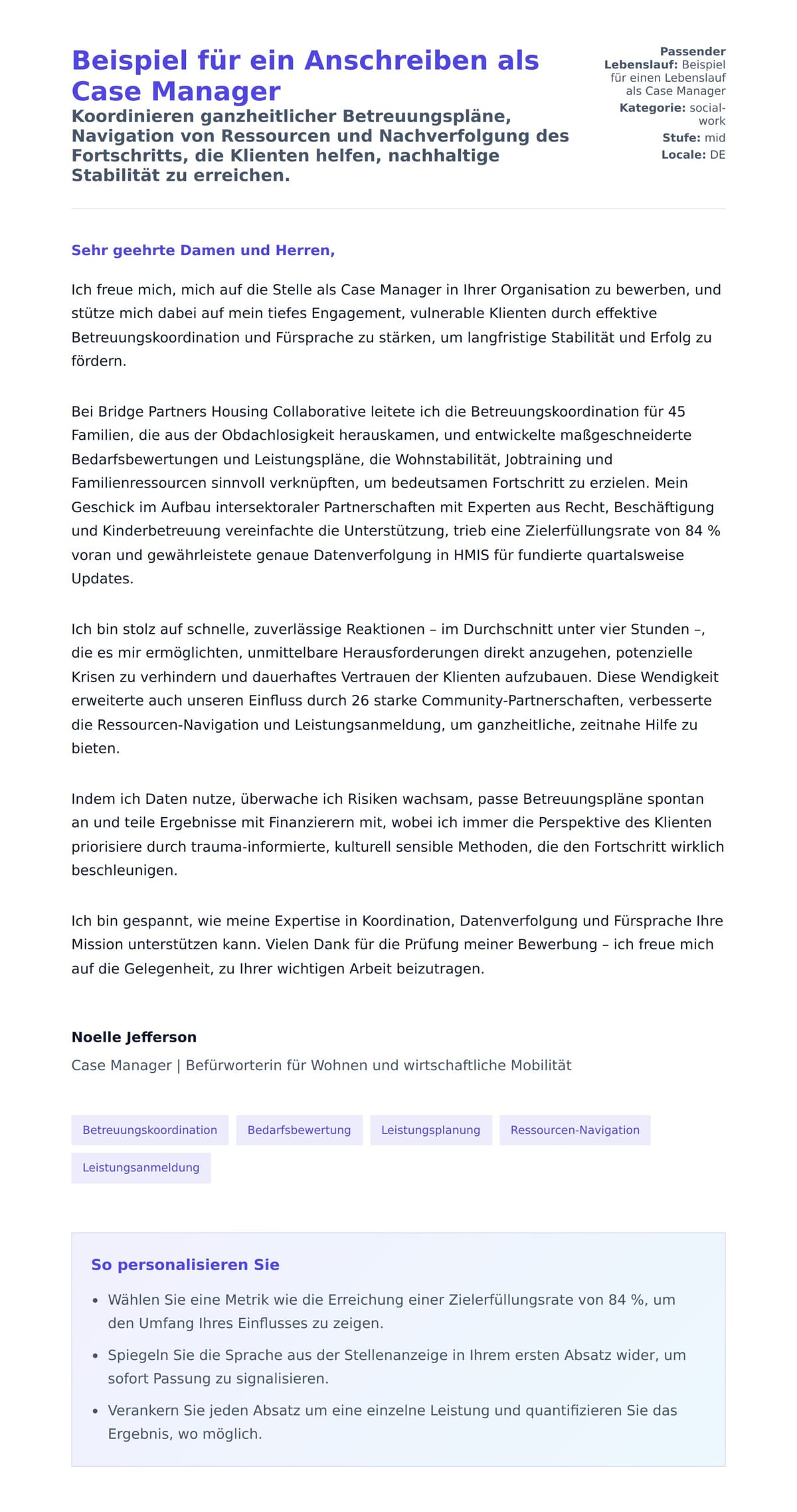 Anschreiben‑Vorschau für Beispiel für ein Anschreiben als Case Manager