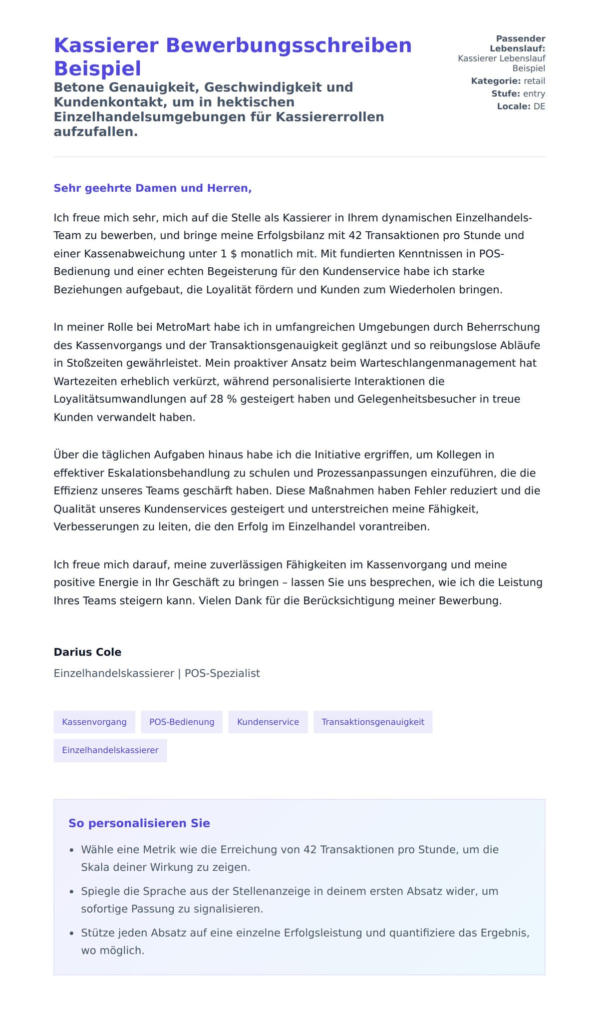 Anschreiben‑Vorschau für Kassierer Bewerbungsschreiben Beispiel