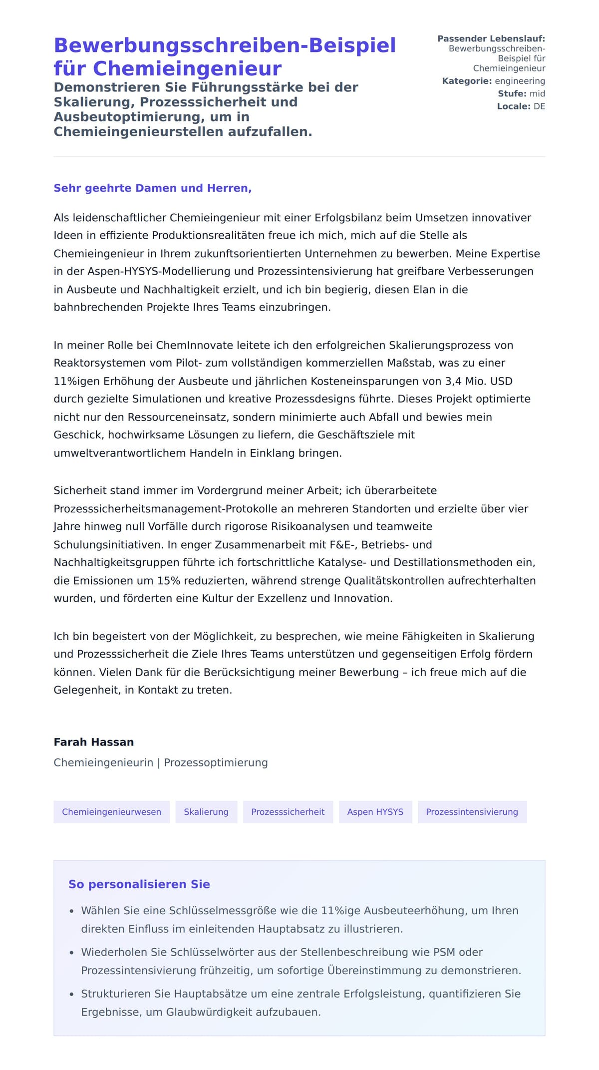 Anschreiben‑Vorschau für Bewerbungsschreiben-Beispiel für Chemieingenieur