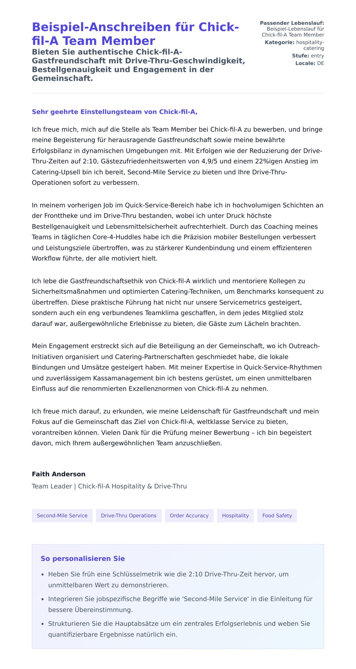 Anschreiben‑Vorschau für Beispiel-Anschreiben für Chick-fil-A Team Member