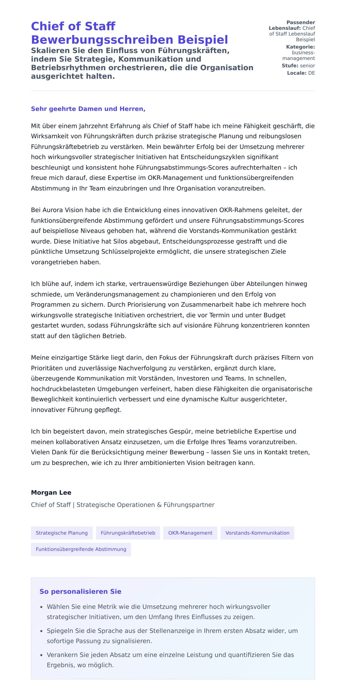 Anschreiben‑Vorschau für Chief of Staff Bewerbungsschreiben Beispiel