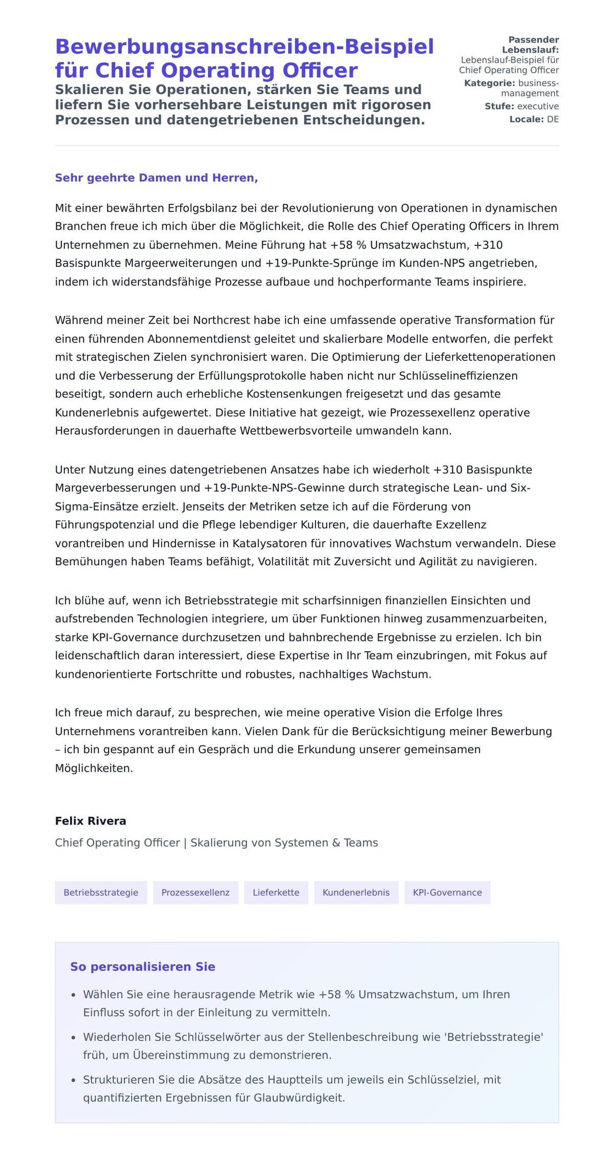 Anschreiben‑Vorschau für Bewerbungsanschreiben-Beispiel für Chief Operating Officer