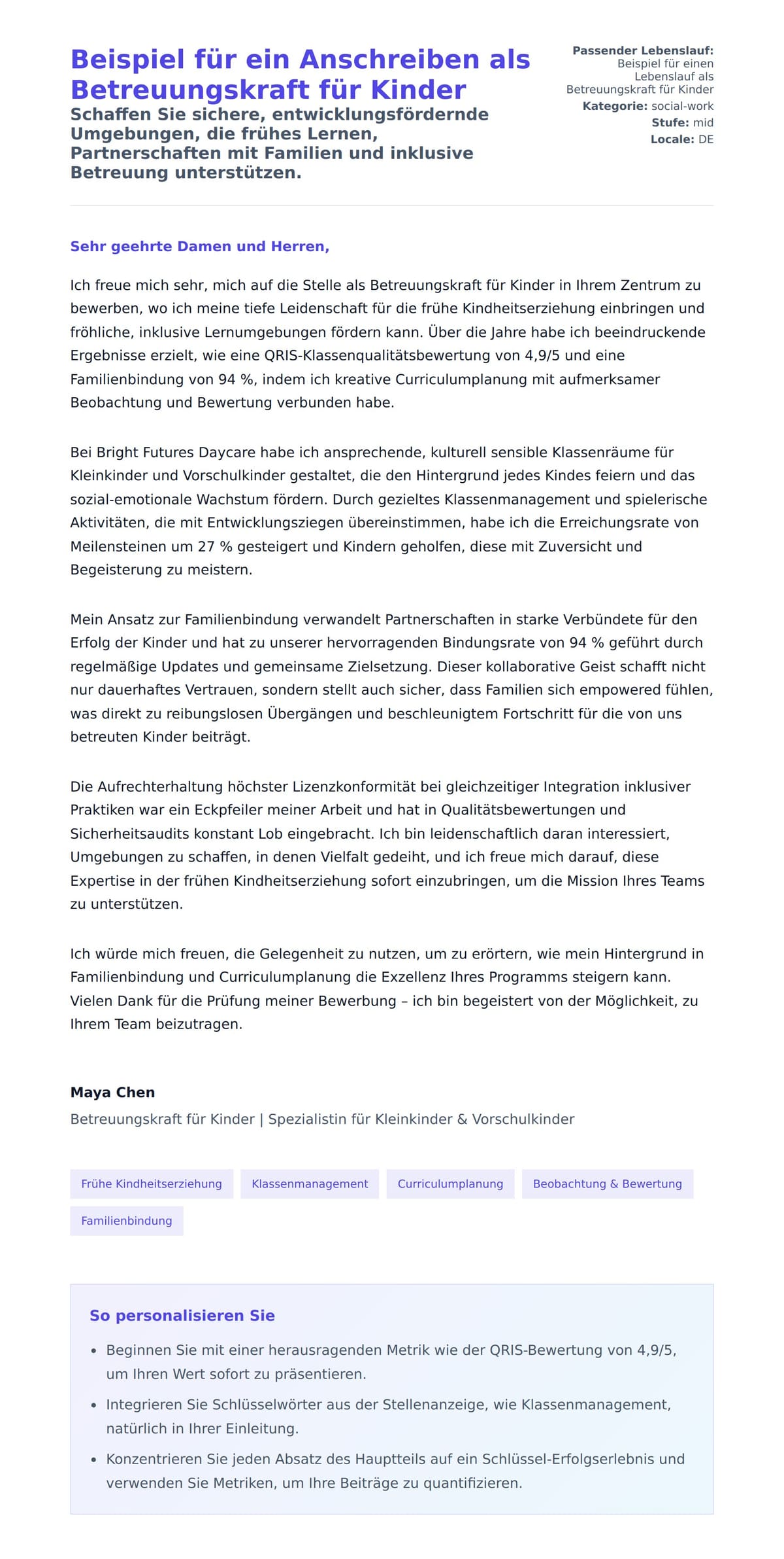 Anschreiben‑Vorschau für Beispiel für ein Anschreiben als Betreuungskraft für Kinder