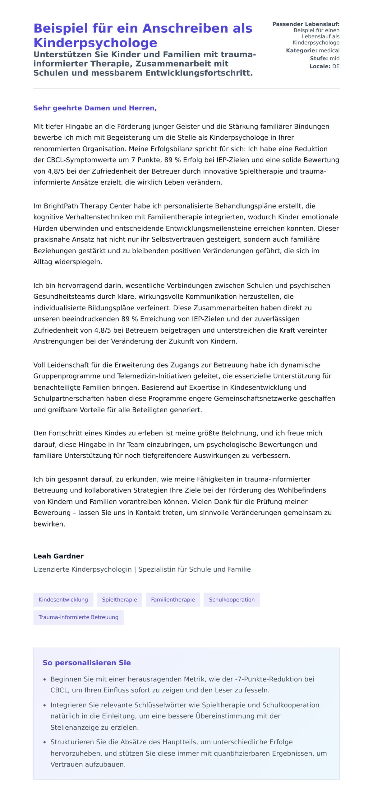 Anschreiben‑Vorschau für Beispiel für ein Anschreiben als Kinderpsychologe
