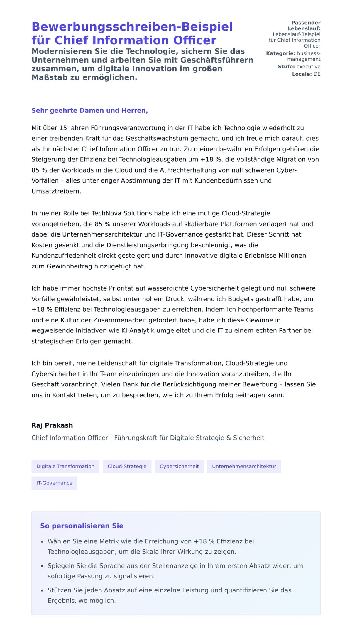 Anschreiben‑Vorschau für Bewerbungsschreiben-Beispiel für Chief Information Officer