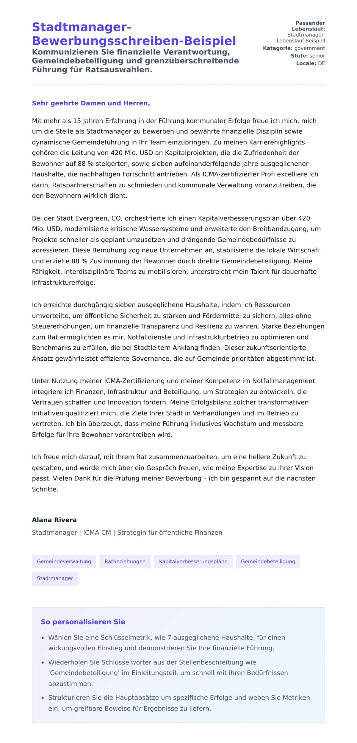 Anschreiben‑Vorschau für Stadtmanager-Bewerbungsschreiben-Beispiel