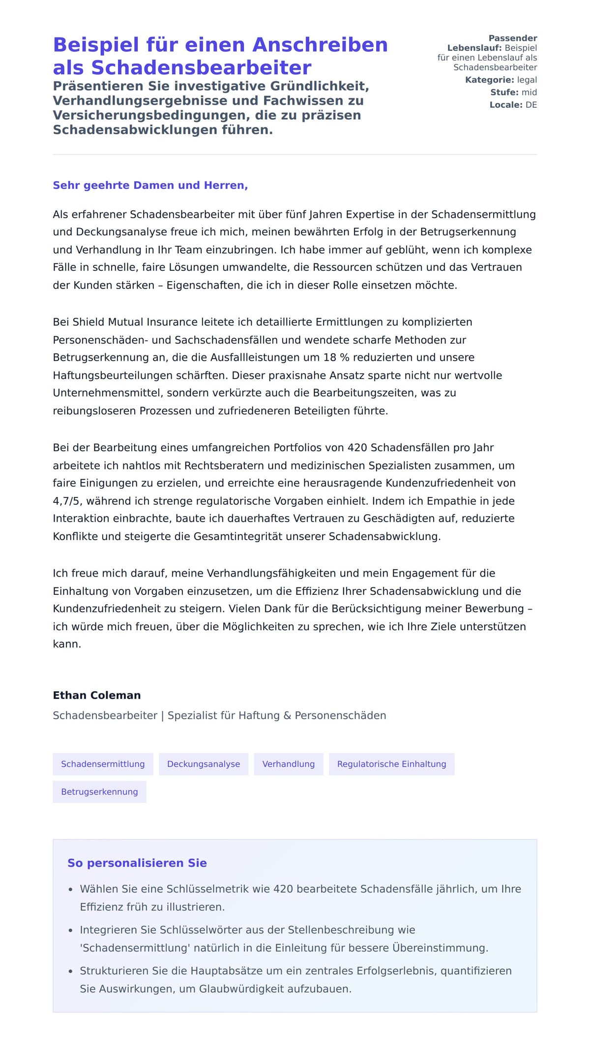 Anschreiben‑Vorschau für Beispiel für einen Anschreiben als Schadensbearbeiter