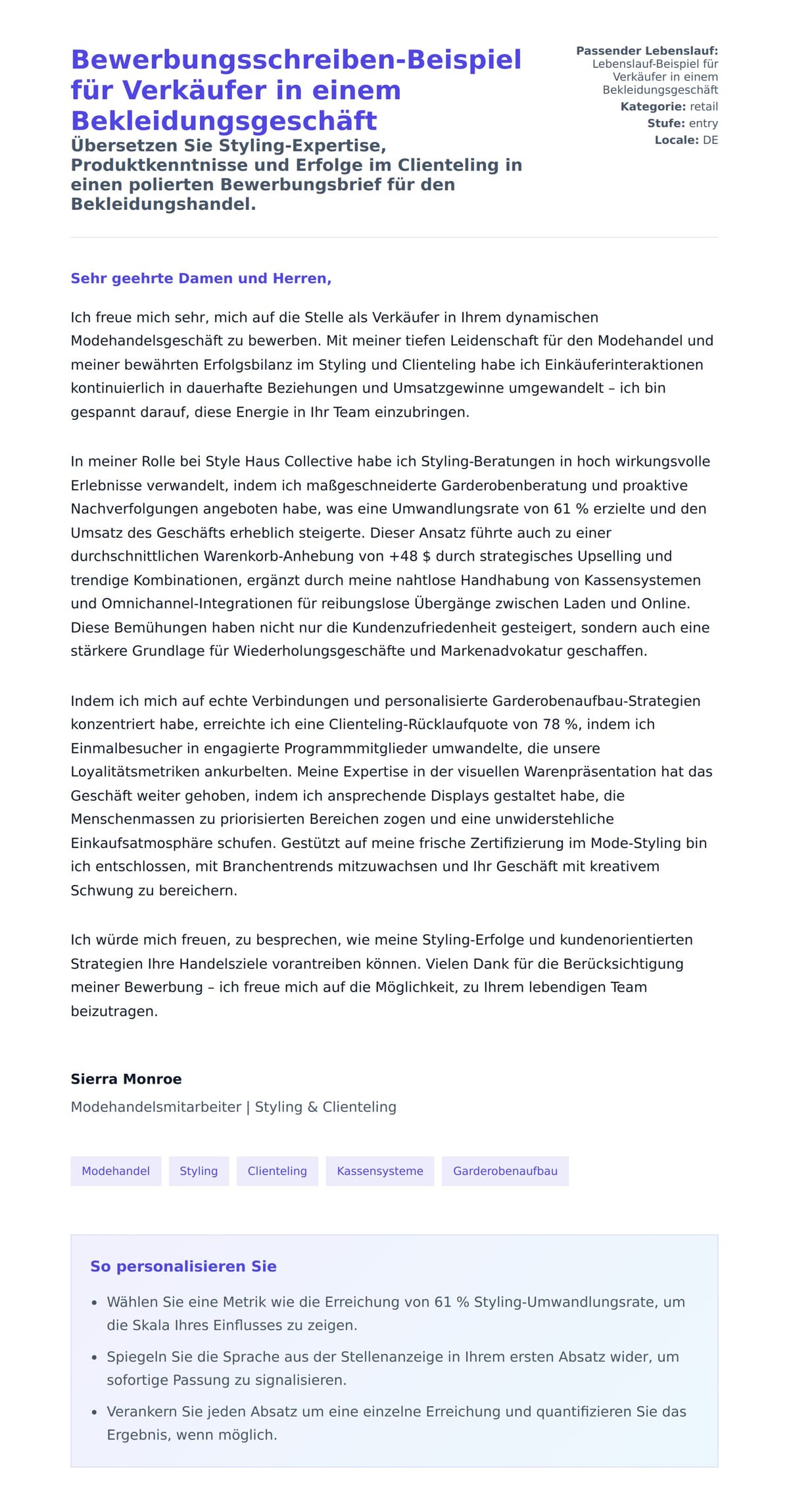 Anschreiben‑Vorschau für Bewerbungsschreiben-Beispiel für Verkäufer in einem Bekleidungsgeschäft