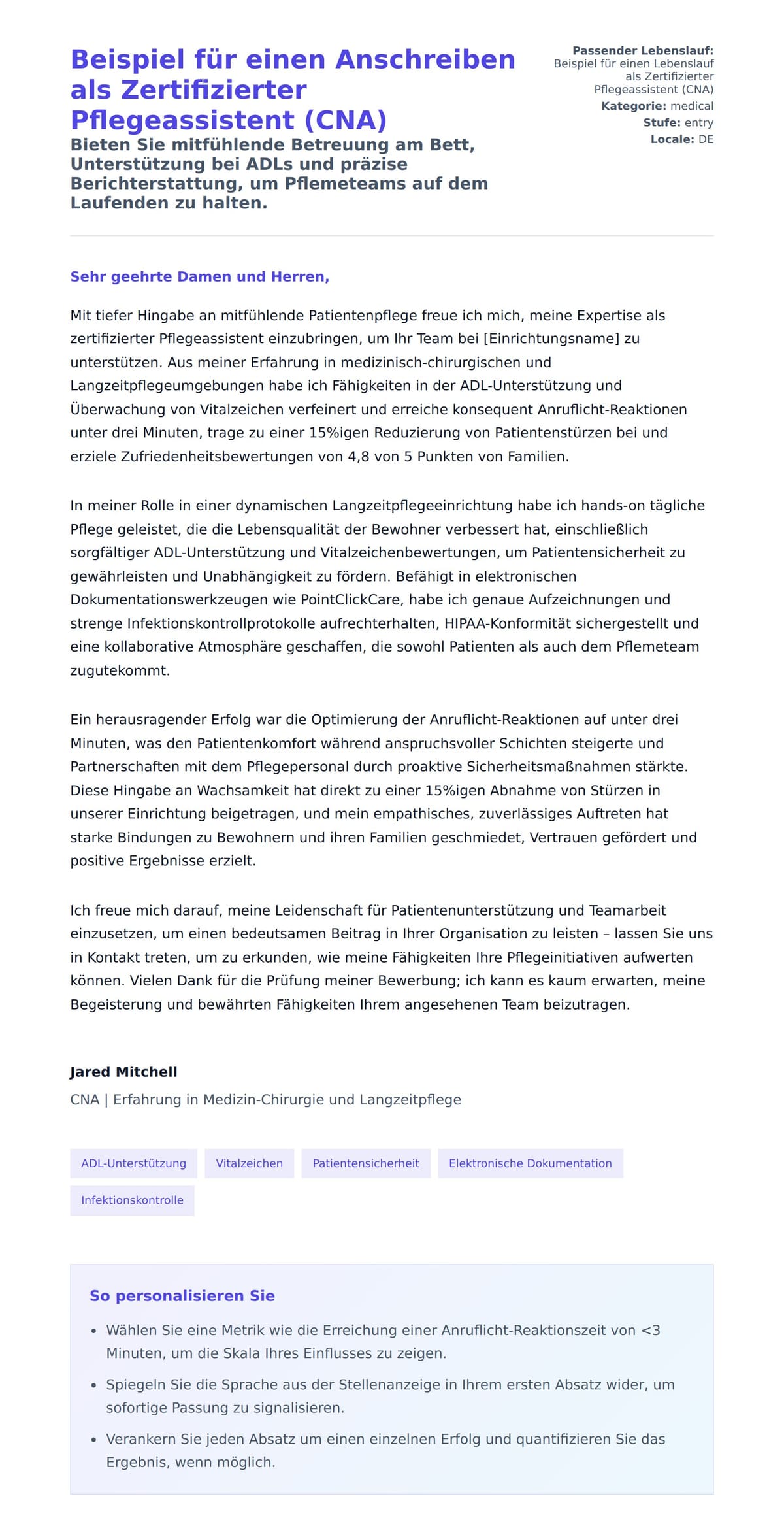 Anschreiben‑Vorschau für Beispiel für einen Anschreiben als Zertifizierter Pflegeassistent (CNA)