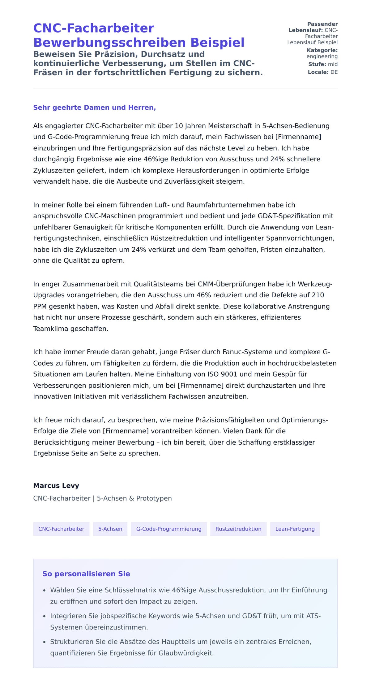 Anschreiben‑Vorschau für CNC-Facharbeiter Bewerbungsschreiben Beispiel