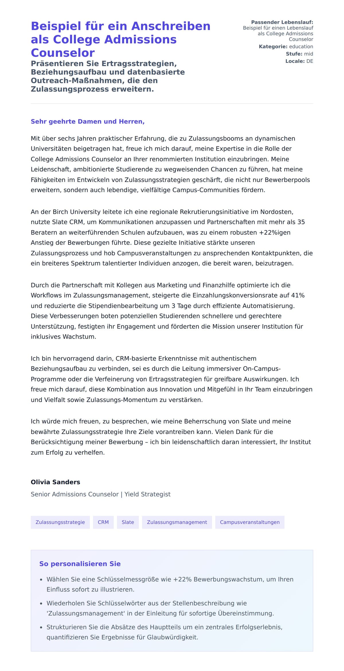 Anschreiben‑Vorschau für Beispiel für ein Anschreiben als College Admissions Counselor