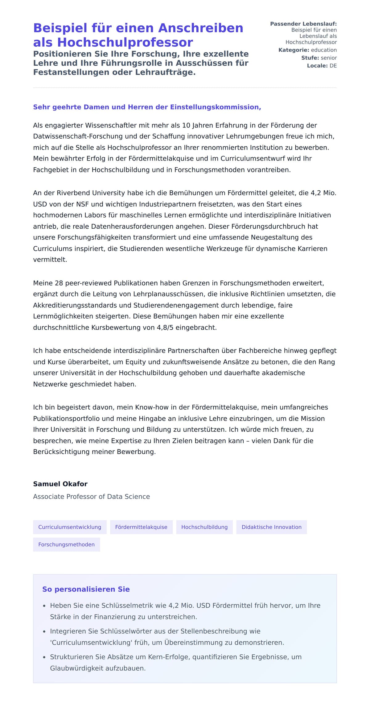 Anschreiben‑Vorschau für Beispiel für einen Anschreiben als Hochschulprofessor