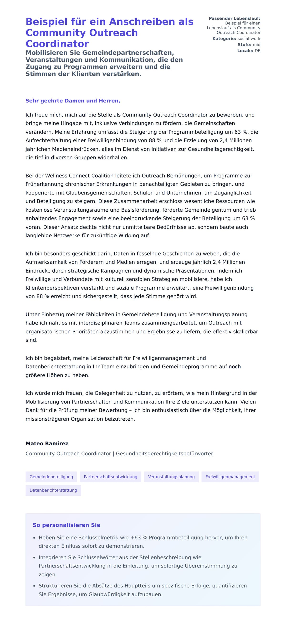 Anschreiben‑Vorschau für Beispiel für ein Anschreiben als Community Outreach Coordinator