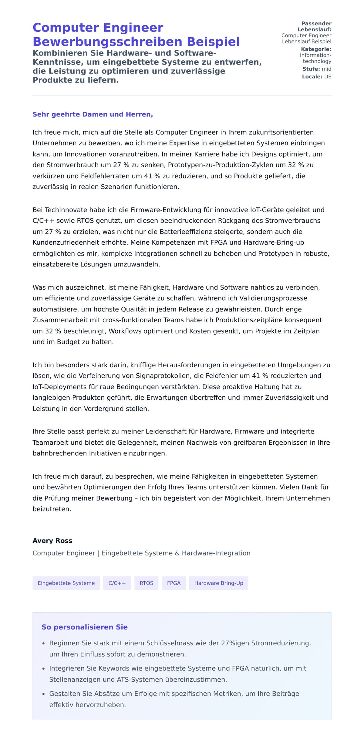 Anschreiben‑Vorschau für Computer Engineer Bewerbungsschreiben Beispiel