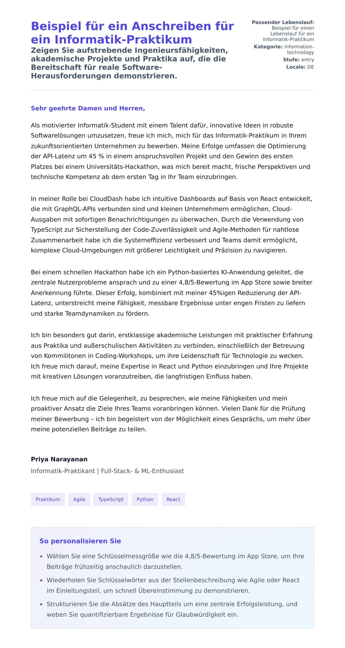 Anschreiben‑Vorschau für Beispiel für ein Anschreiben für ein Informatik-Praktikum