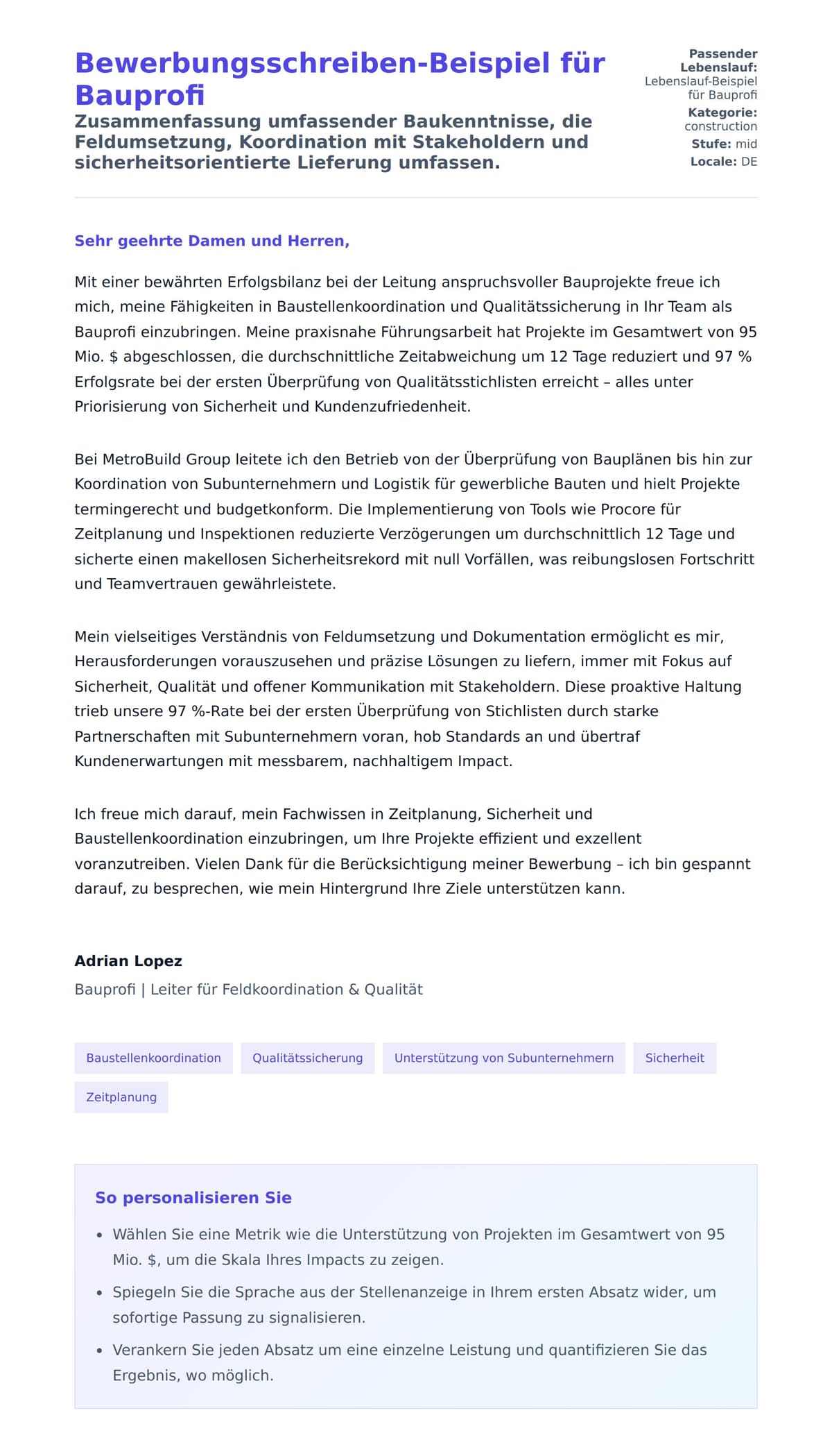 Anschreiben‑Vorschau für Bewerbungsschreiben-Beispiel für Bauprofi
