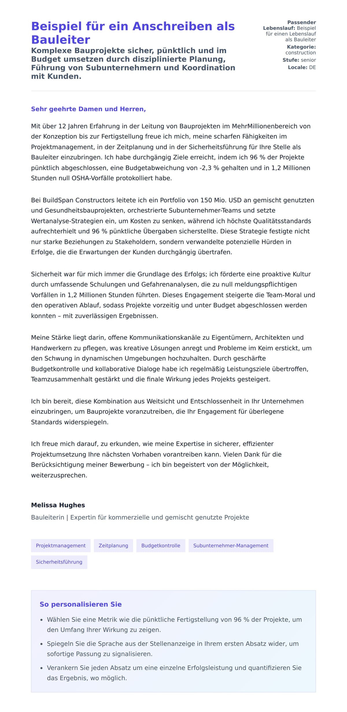Anschreiben‑Vorschau für Beispiel für ein Anschreiben als Bauleiter