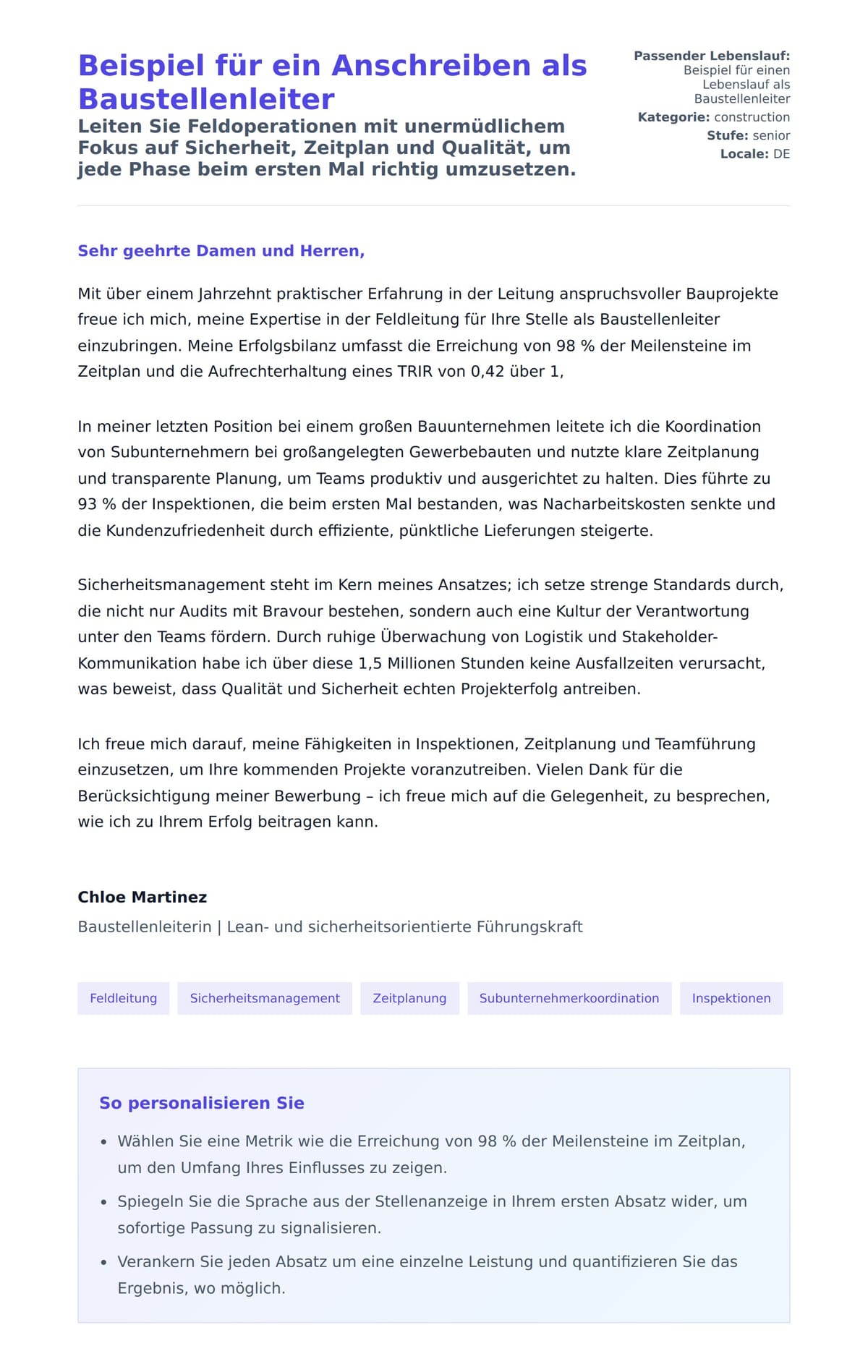 Anschreiben‑Vorschau für Beispiel für ein Anschreiben als Baustellenleiter