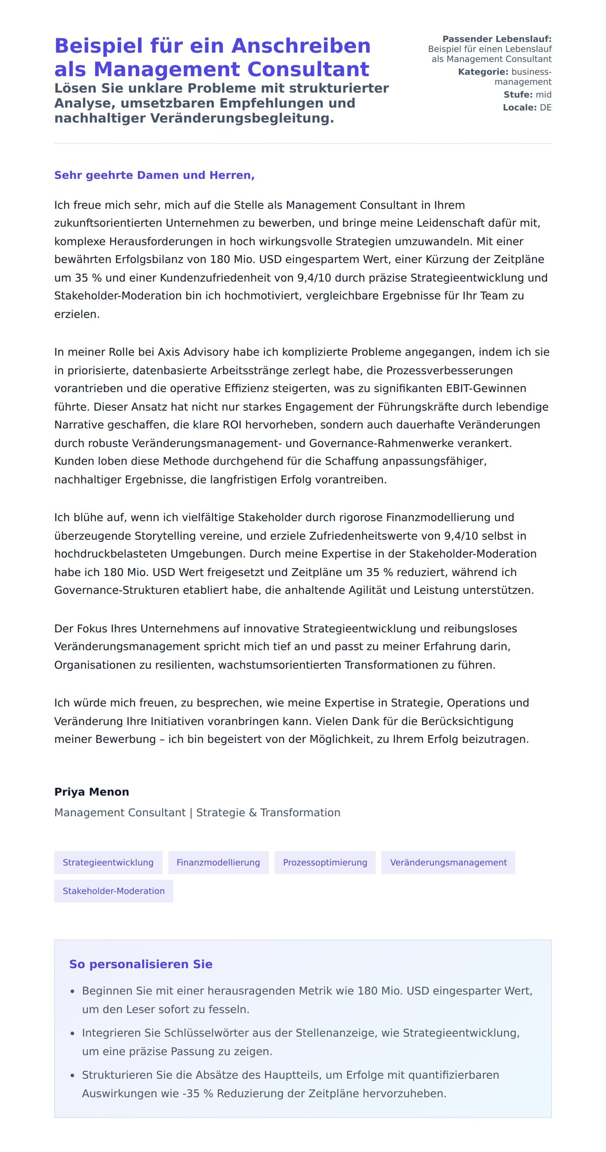 Anschreiben‑Vorschau für Beispiel für ein Anschreiben als Management Consultant