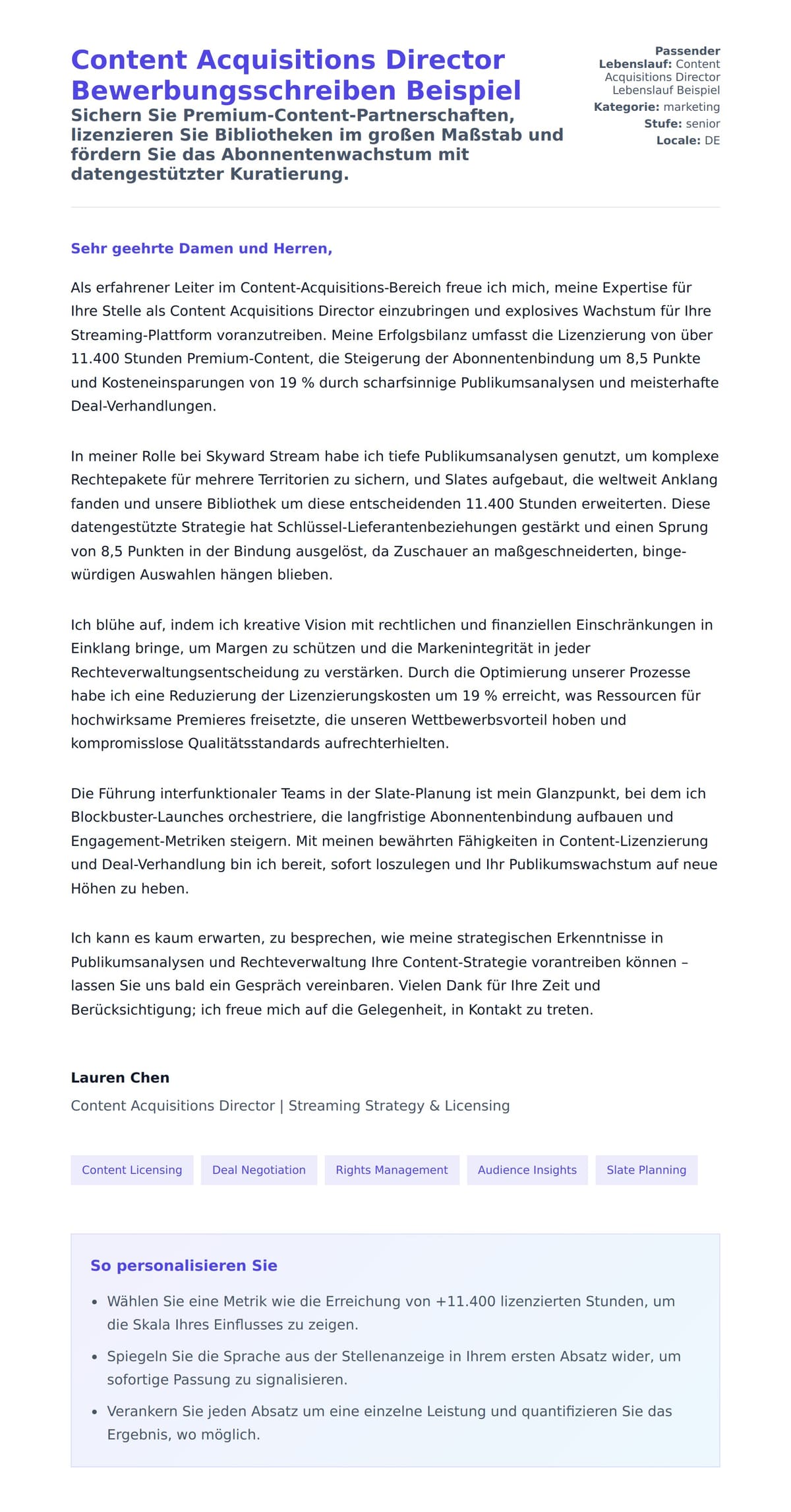 Anschreiben‑Vorschau für Content Acquisitions Director Bewerbungsschreiben Beispiel
