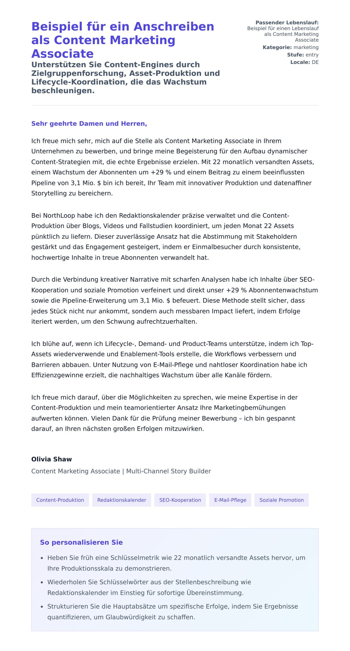 Anschreiben‑Vorschau für Beispiel für ein Anschreiben als Content Marketing Associate