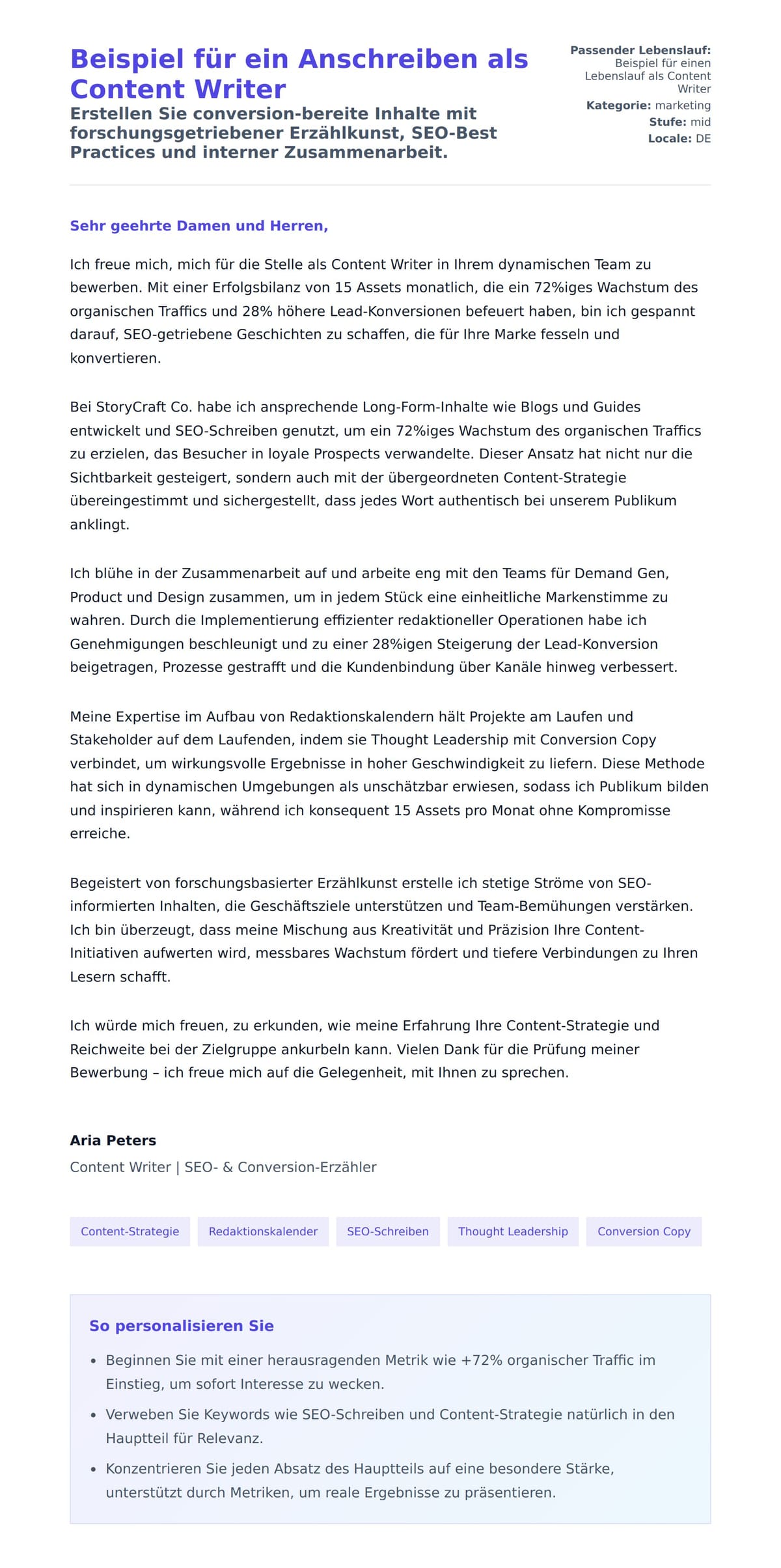 Anschreiben‑Vorschau für Beispiel für ein Anschreiben als Content Writer
