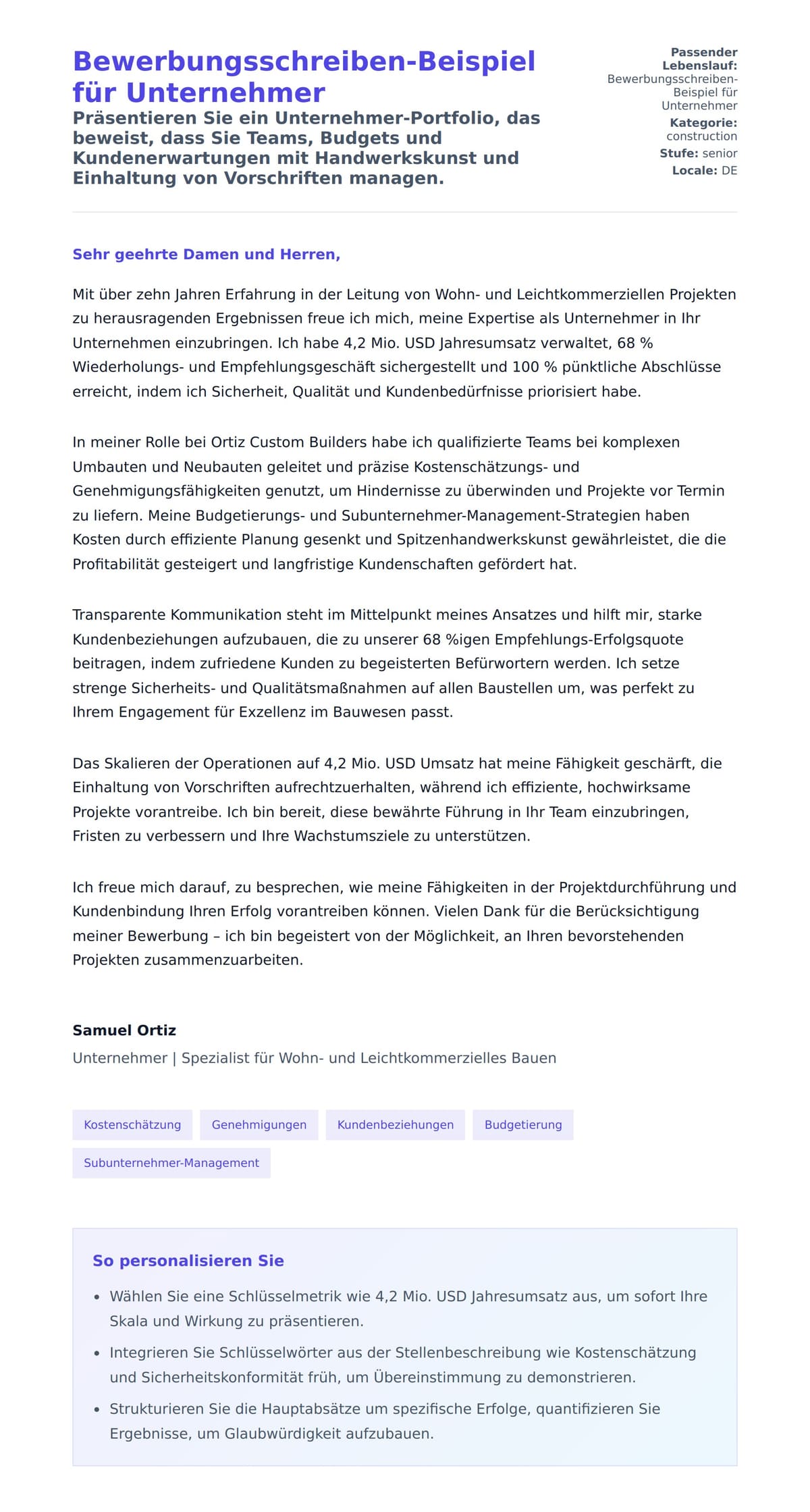 Anschreiben‑Vorschau für Bewerbungsschreiben-Beispiel für Unternehmer