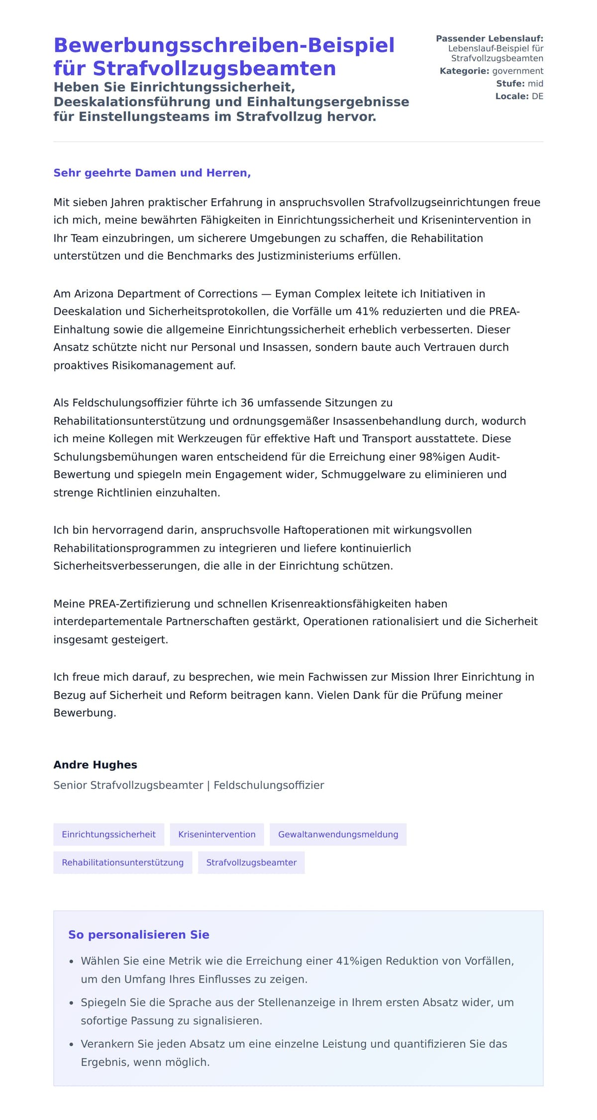 Anschreiben‑Vorschau für Bewerbungsschreiben-Beispiel für Strafvollzugsbeamten