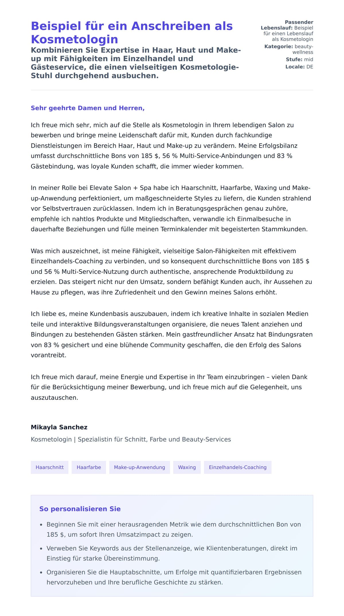 Anschreiben‑Vorschau für Beispiel für ein Anschreiben als Kosmetologin