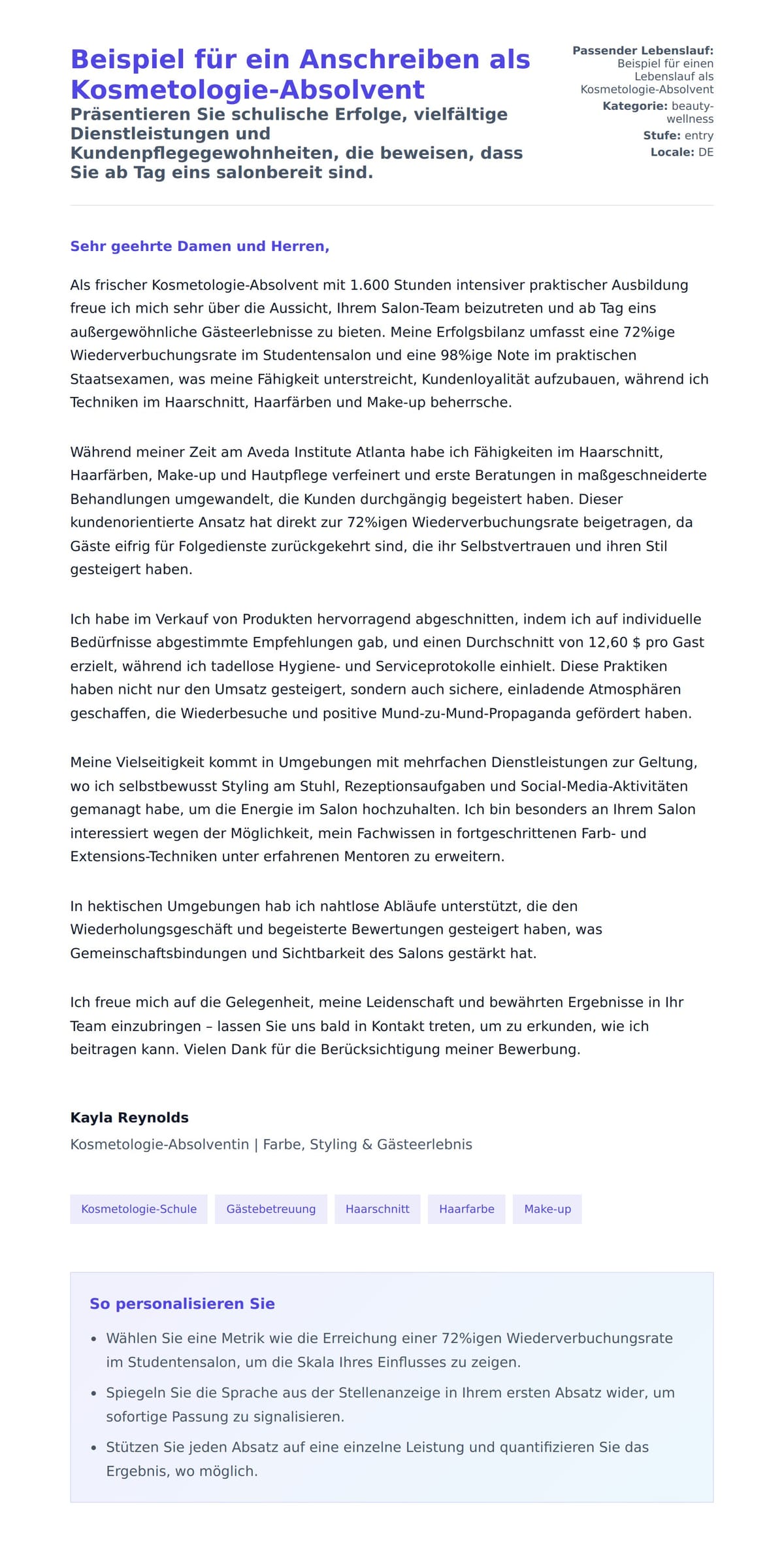Anschreiben‑Vorschau für Beispiel für ein Anschreiben als Kosmetologie-Absolvent