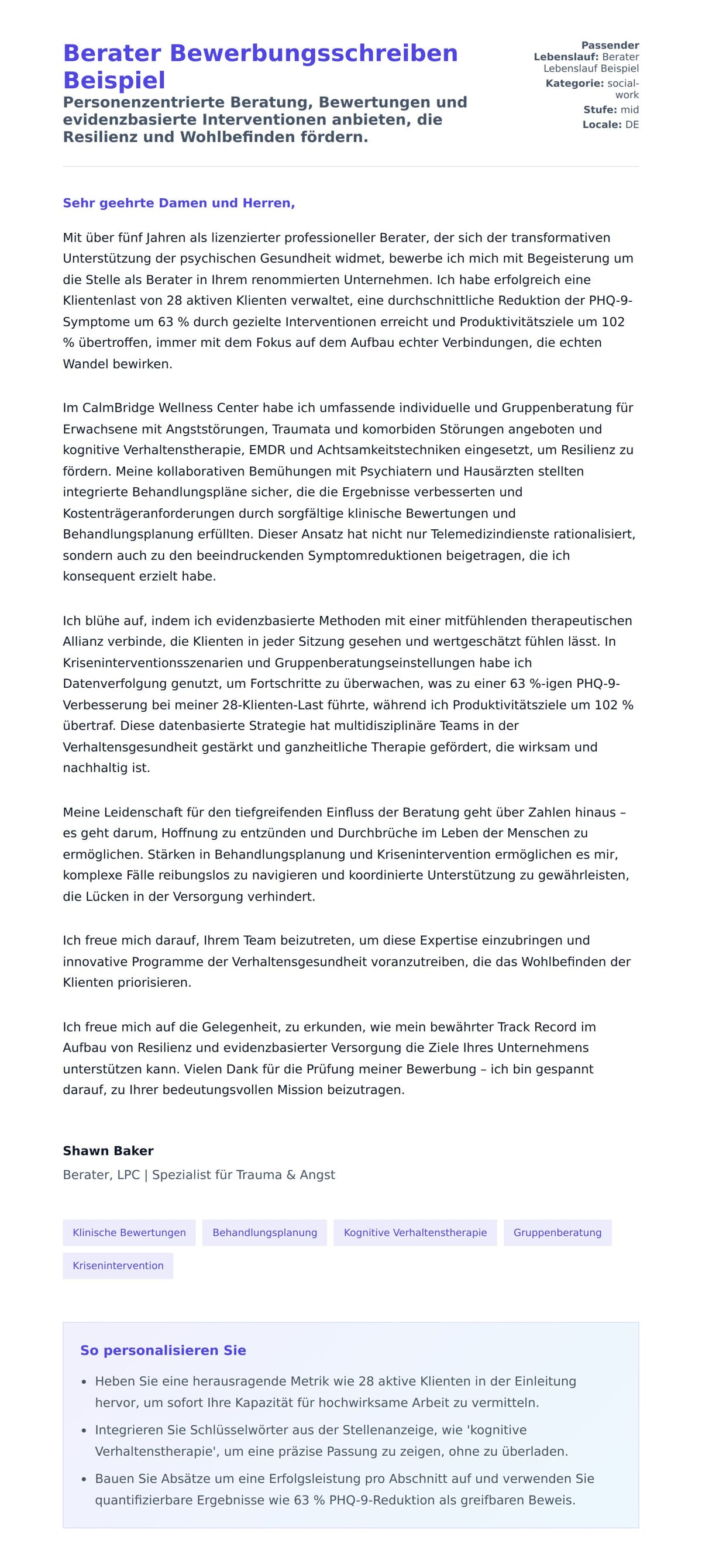 Anschreiben‑Vorschau für Berater Bewerbungsschreiben Beispiel