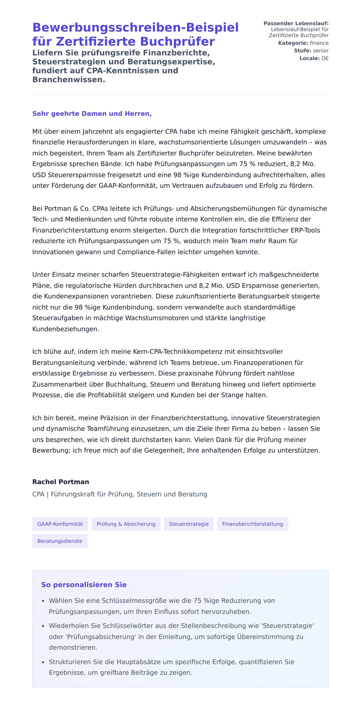 Anschreiben‑Vorschau für Bewerbungsschreiben-Beispiel für Zertifizierte Buchprüfer