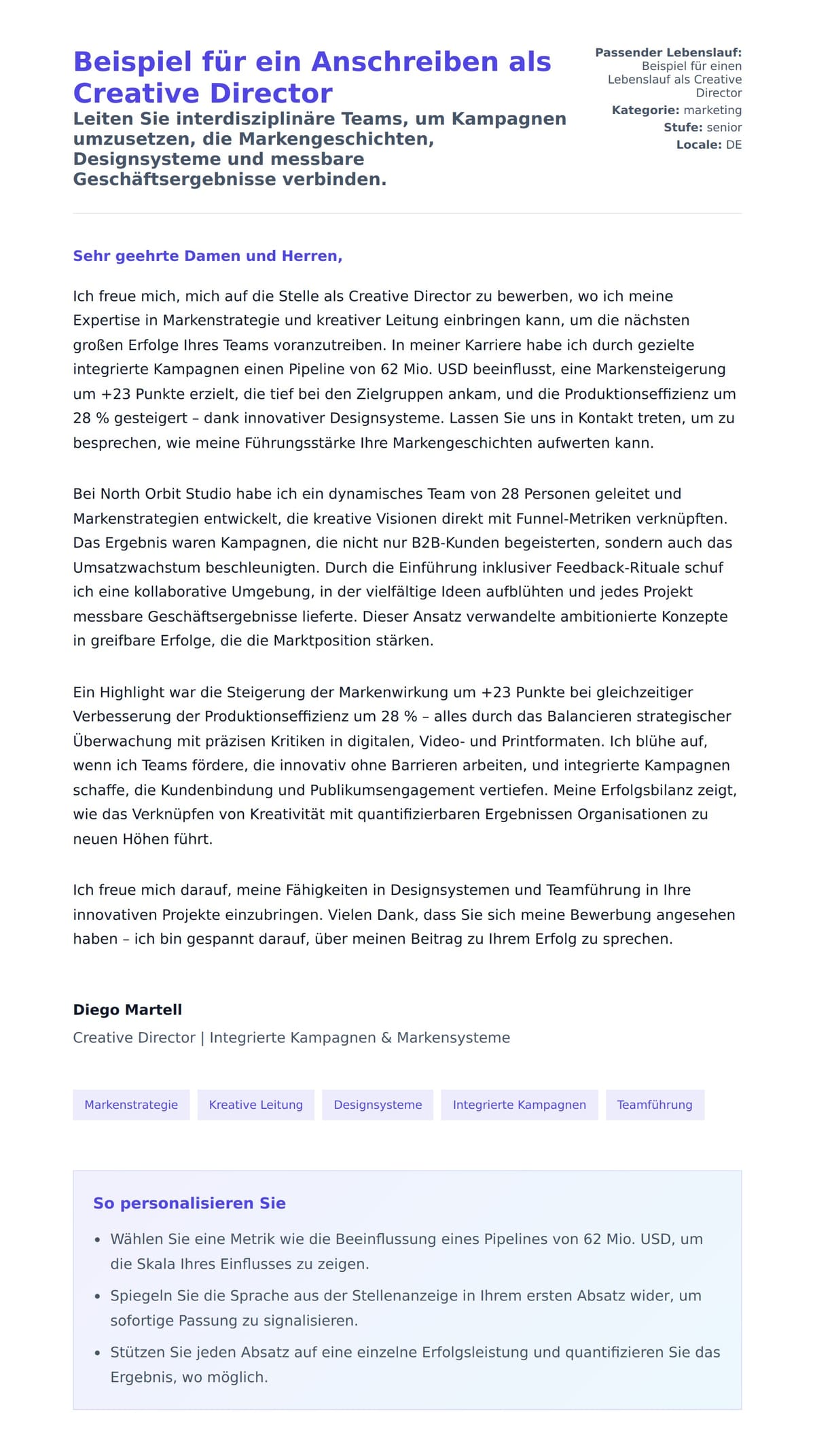 Anschreiben‑Vorschau für Beispiel für ein Anschreiben als Creative Director